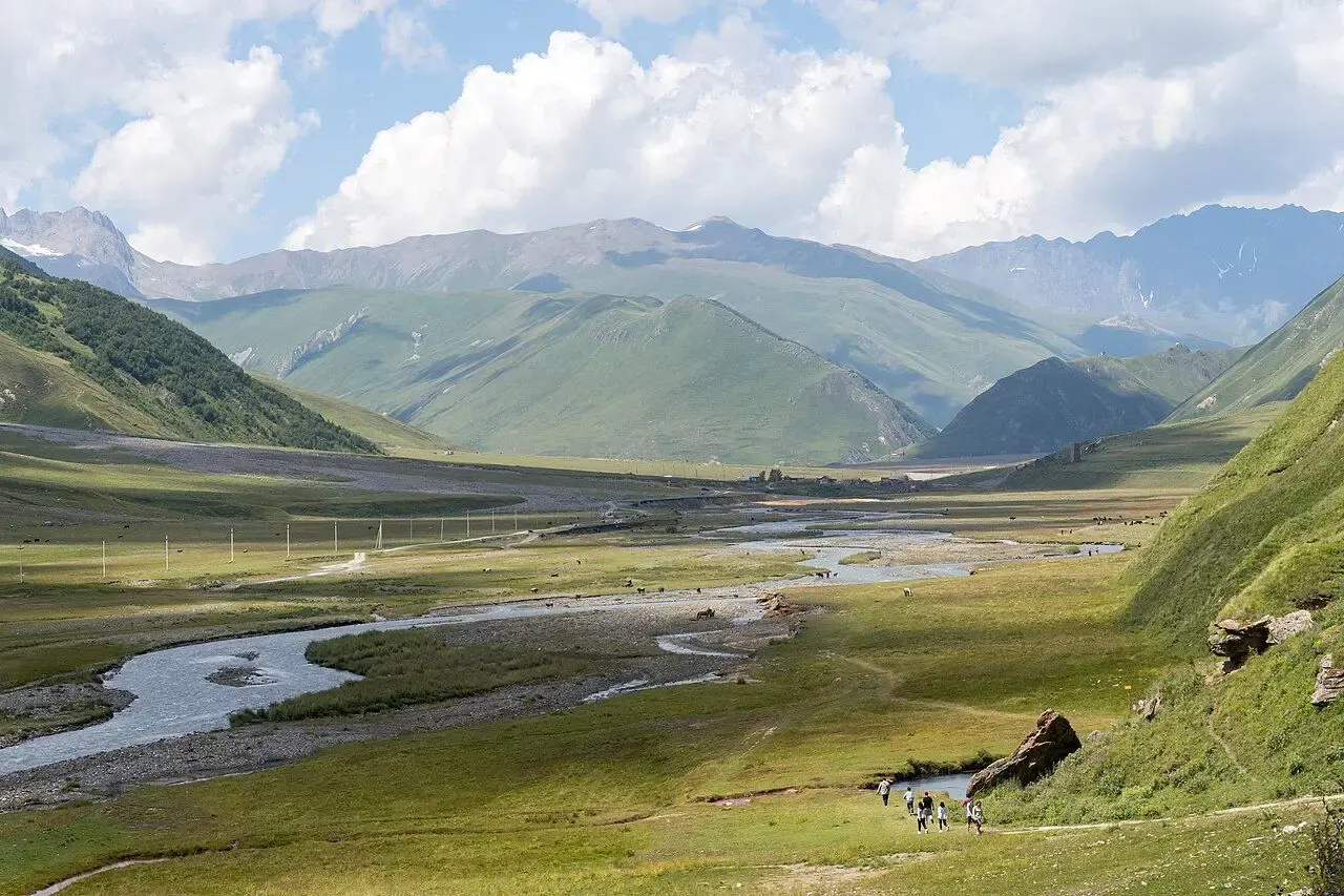 The Terek river winding through the green Truso valley